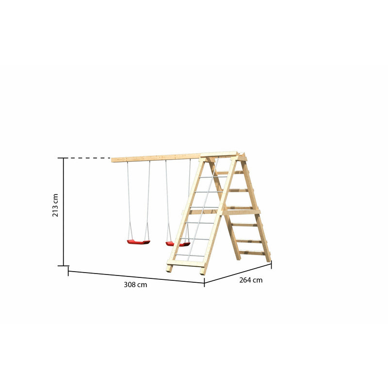 Akubi Kinderspielturm "Lotti" Satteldach SET naturbelassen mit Schiffsanbau oben, Anbau XL, Wellenrutsche blau, Kletterwand, Netzrampe DS-Kletter