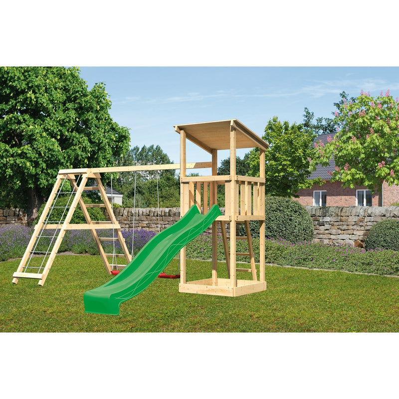 Akubi Spielturm Anna SET naturbelassen mit Doppelschaukel  Klettergerüst und Rutsche grün