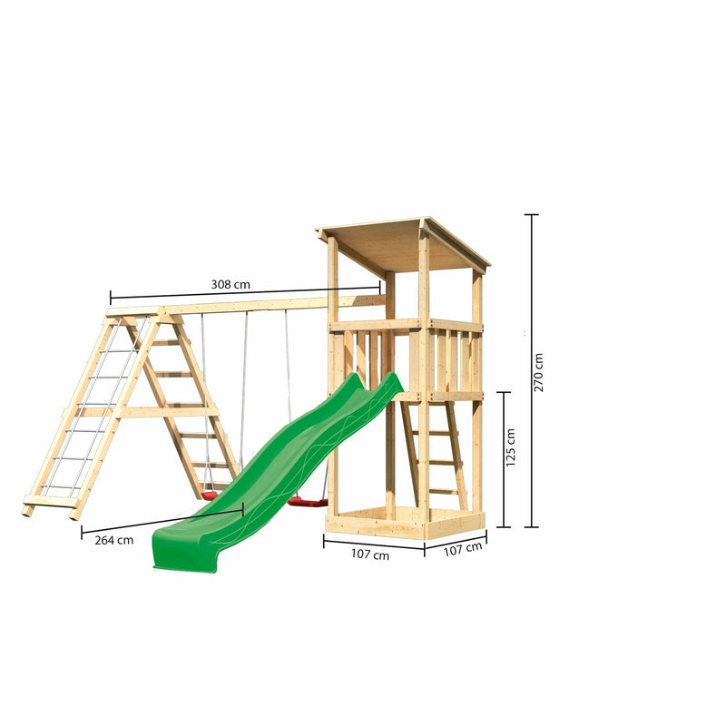 Akubi Spielturm Anna SET naturbelassen mit Doppelschaukel  Klettergerüst und Rutsche grün