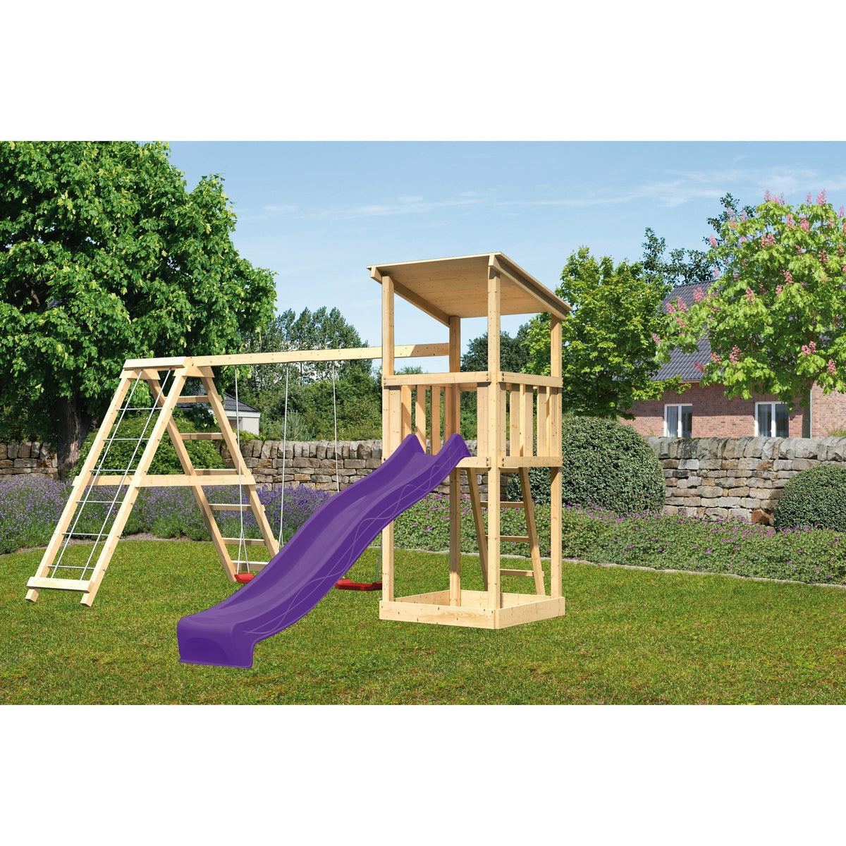 Akubi play tower Anna SET natural with double swing, climbing frame and slide purple
