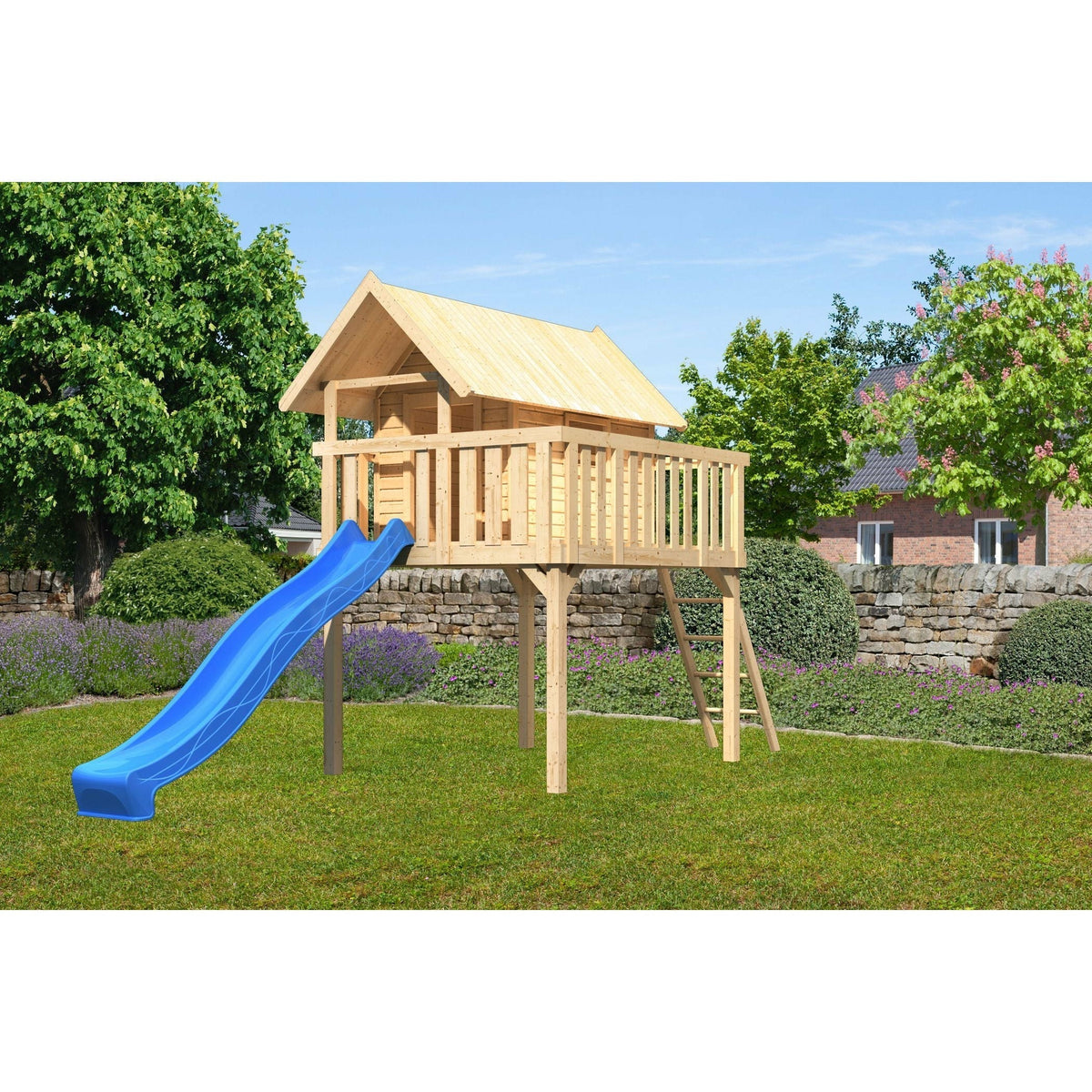Akubi Stelzenhaus "Fidel" SET naturbelassen mit Wellenrutsche 3m blau