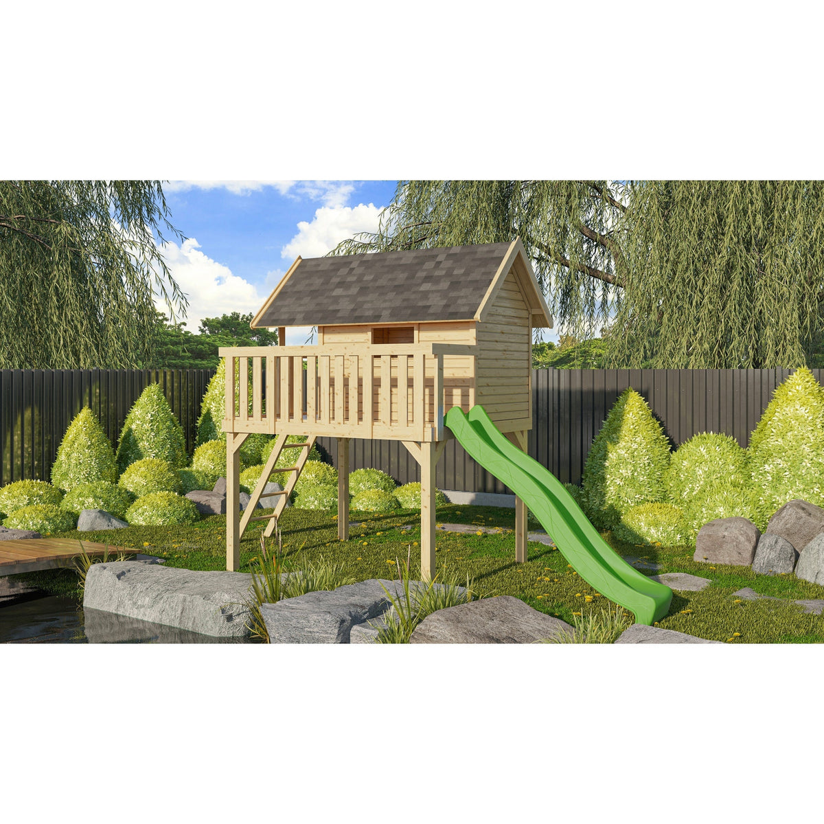 Casetta su palafitta Akubi "Fidel" SET legno naturale con scivolo ondulato 3m verde