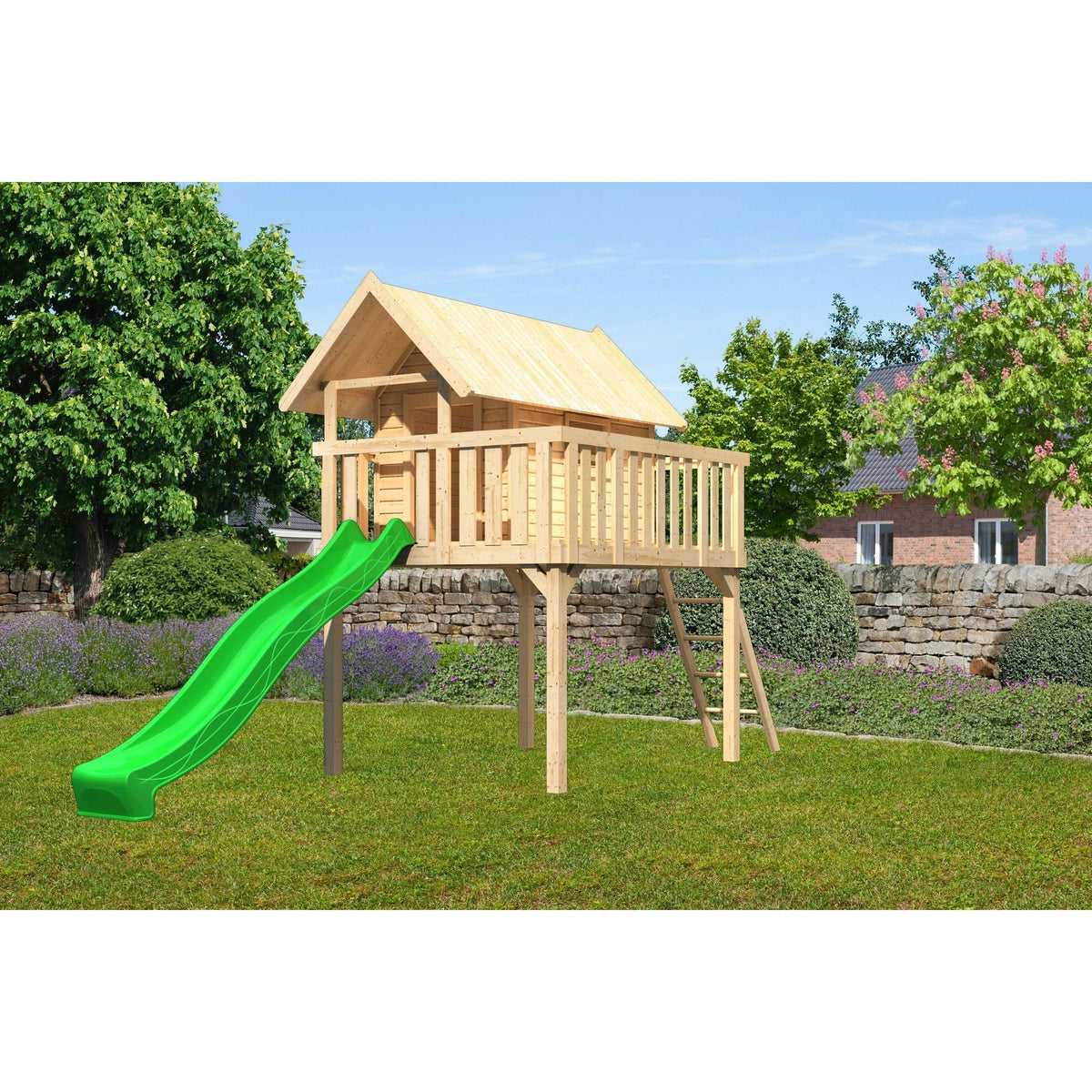 Casetta su palafitta Akubi "Fidel" SET legno naturale con scivolo ondulato 3m verde