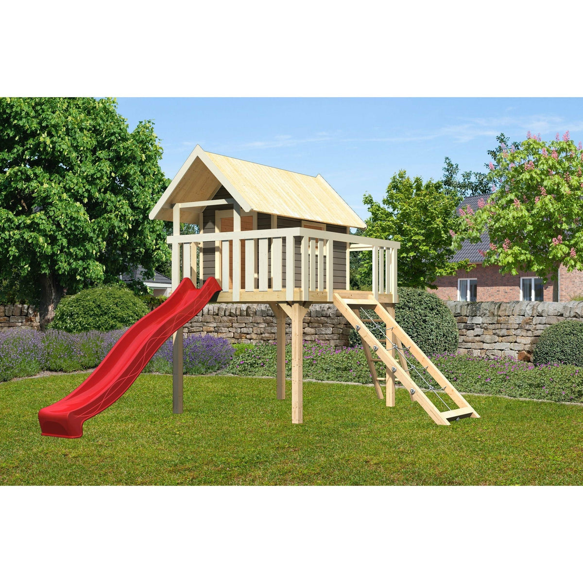 Akubi stilt house "Fidel" SET terra grey with wave slide 3m red, net ramp