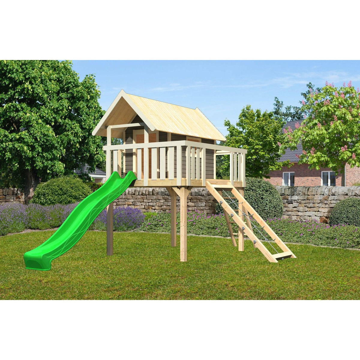 Casetta su palafitte Akubi "Fidel" SET grigio terra con scivolo ondulato 3m verde, rampa in rete
