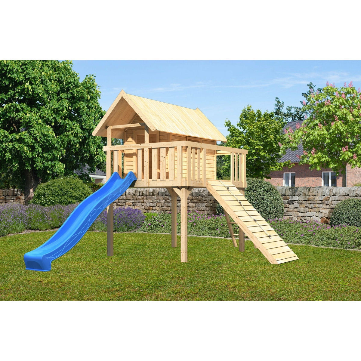 Casetta su palafitte Akubi "Fidel" SET legno naturale con scivolo ondulato 3m blu, rampa di legno