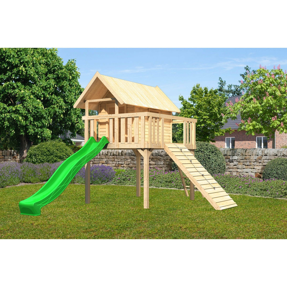 Casetta su palafitte Akubi "Fidel" SET naturale con scivolo a onda 3m verde, rampa in legno