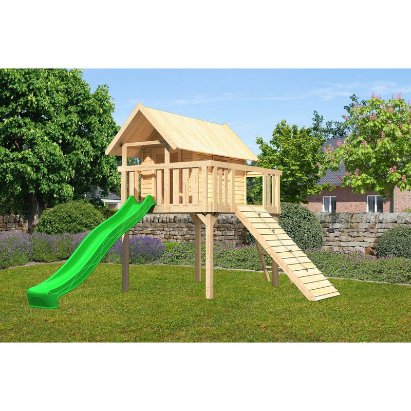 Akubi Stelzenhaus "Fidel" SET naturbelassen mit Wellenrutsche 3m grün, Holzrampe