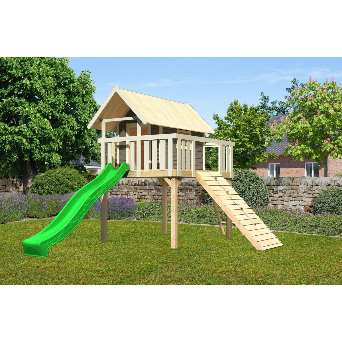 Akubi casa su palafitte "Fidel" SET grigio terra con scivolo ondulato 3m verde, rampa in legno