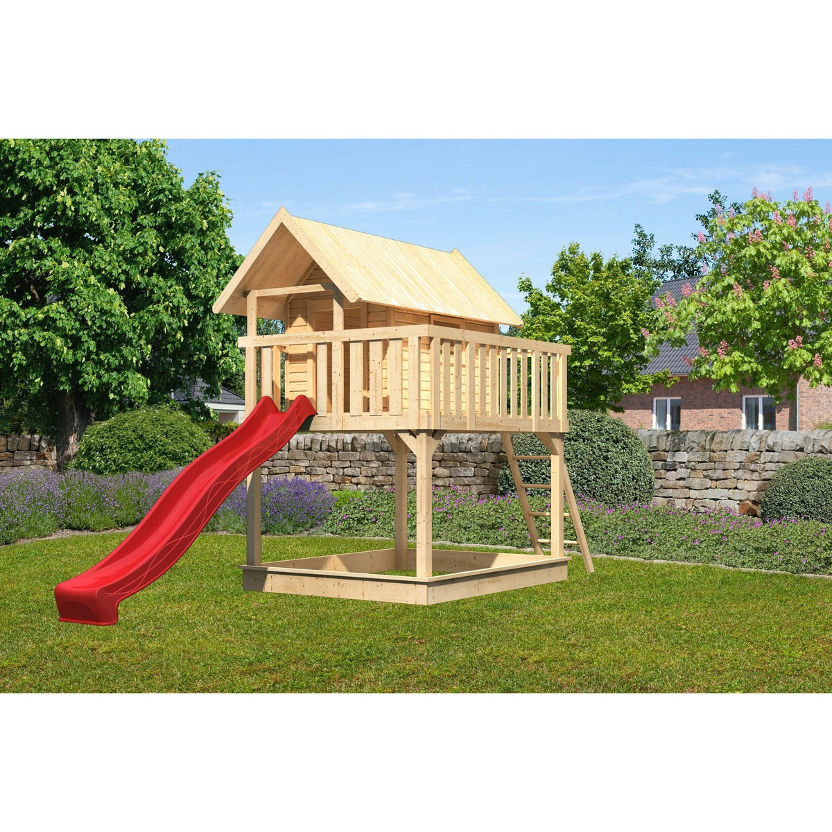 Akubi stilt house "Fidel" SET natural with wave slide 3m red, sandpit natural