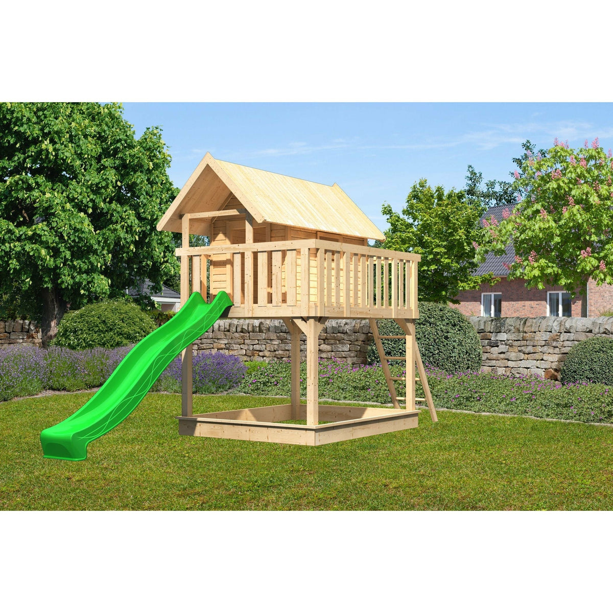 Akubi stilt house "Fidel" SET natural with wave slide 3m green, sandpit natural