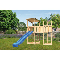 Akubi Spielturm Pultdach SET naturbelassen mit Schiffsanbau oben,  Anbauplattform, Rutsche blau – Vorschau 1