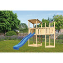 Akubi play tower pent roof SET natural with ship's attachment above, extension platform, slide blue