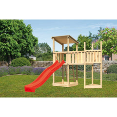 Akubi Spielturm Pultdach SET naturbelassen mit Schiffsanbau oben,  Anbauplattform, Rutsche rot – Vorschau 1