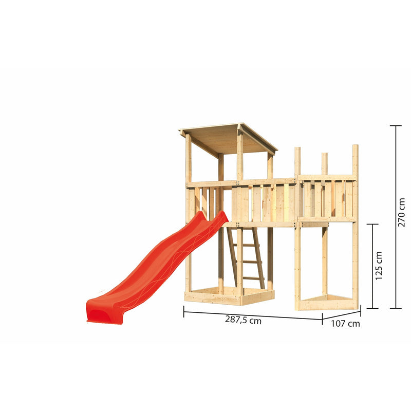 Tour de jeu Akubi avec toit en pente SET naturel avec extension de bateau au-dessus, plate-forme d'extension, toboggan rouge