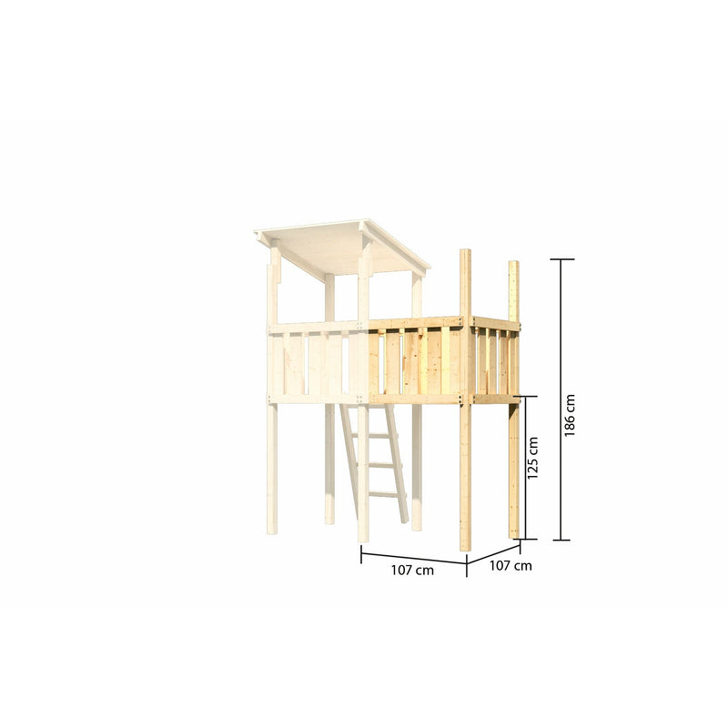 Tour de jeu Akubi avec toit en pente SET naturel avec extension de bateau au-dessus, plate-forme d'extension, toboggan rouge