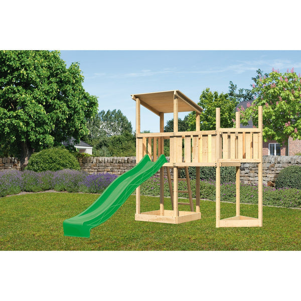 Tour de jeu Akubi avec toit en pente SET naturel avec extension de bateau au-dessus, plate-forme d'extension, toboggan vert