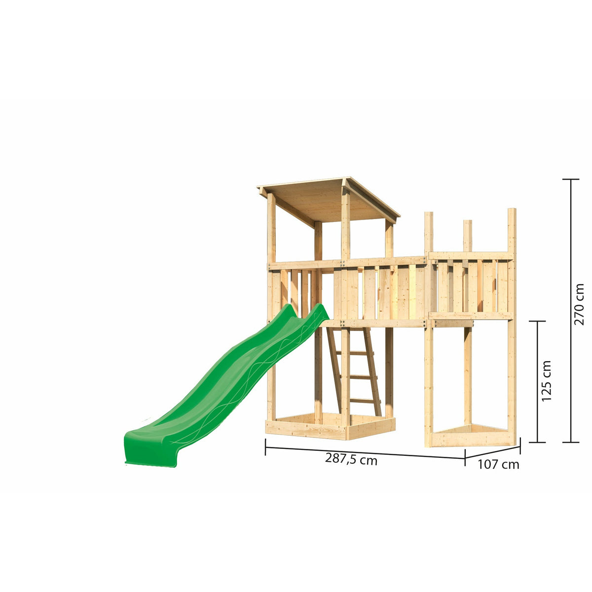 Akubi Torre da gioco con tetto a falda in legno naturale con appendice a forma di nave superiore, piattaforma aggiuntiva, scivolo verde