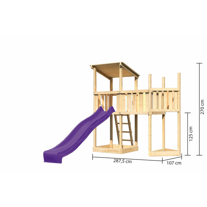 Tour de jeu Akubi avec toit en pente SET naturel avec extension de bateau au-dessus, plate-forme d'extension, toboggan violet