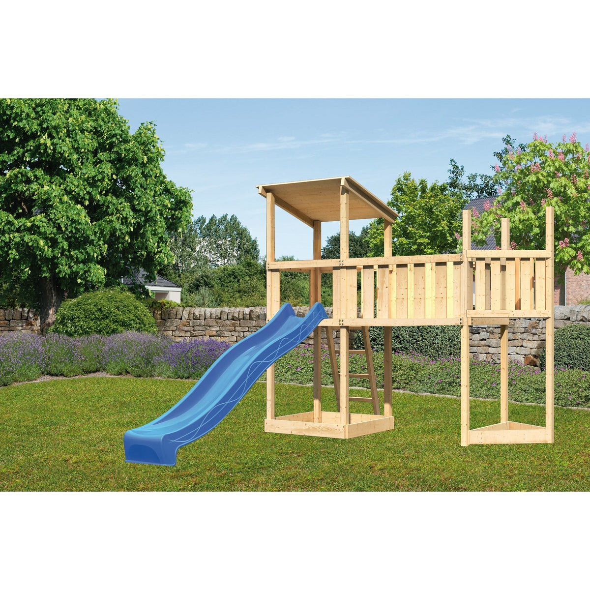 Torre da gioco Akubi con tetto a falda unica, con annesso nave in alto, piattaforma aggiuntiva XL, scivolo blu