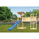 Akubi play tower pent roof SET natural with ship's attachment on top, XL extension platform, blue slide