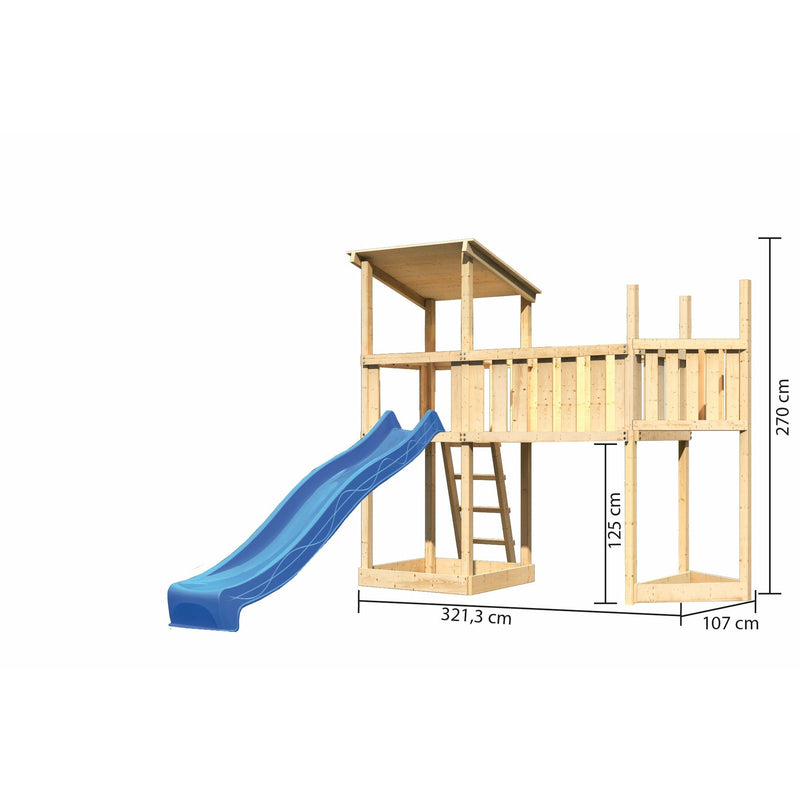 Akubi Spielturm Pultdach SET naturbelassen mit Schiffsanbau oben,  Anbauplattform XL, Rutsche blau