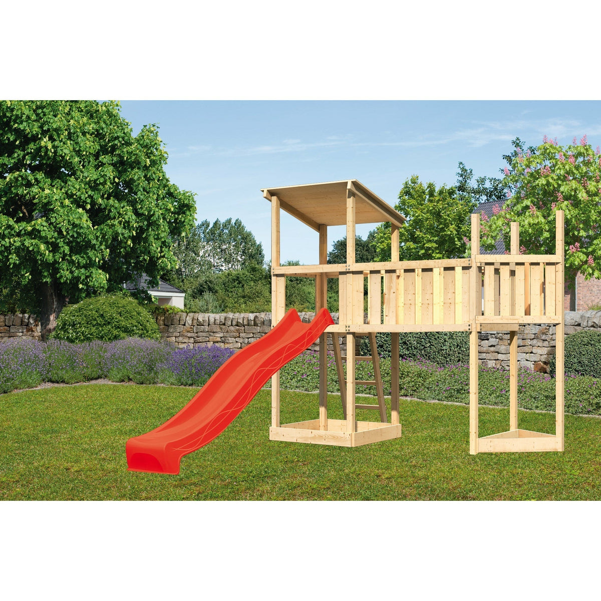 Akubi Torre gioco tetto piano SET legno naturale con struttura nave sopra, piattaforma annessa XL, scivolo rosso