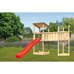Akubi Torre gioco tetto piano SET legno naturale con struttura nave sopra, piattaforma annessa XL, scivolo rosso – Vorschau 1