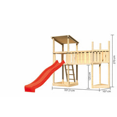 Akubi Torre gioco tetto piano SET legno naturale con struttura nave sopra, piattaforma annessa XL, scivolo rosso – Vorschau 2