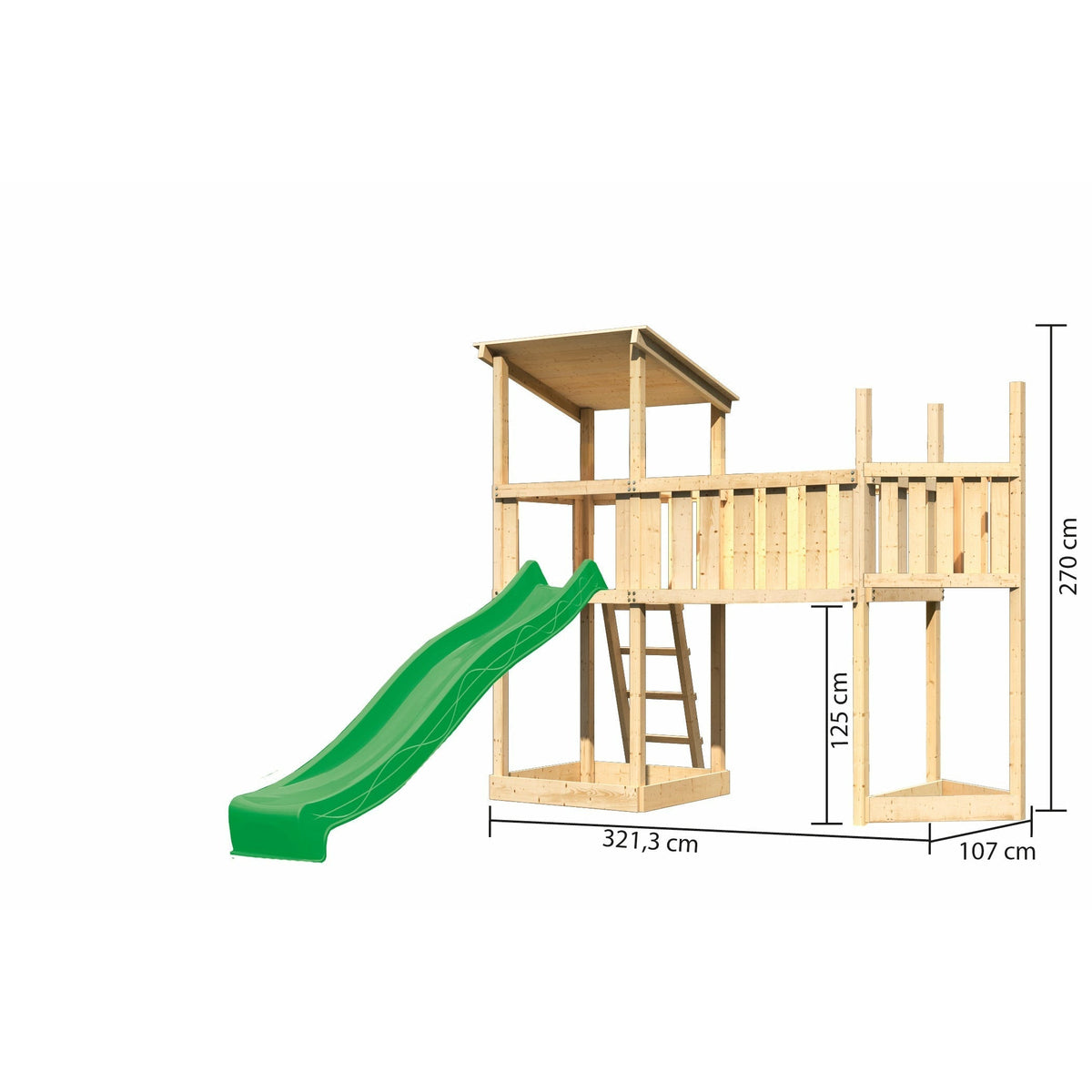 Torre da gioco Akubi con tetto a falda in legno naturale con annesso navale superiore, piattaforma di ampliamento XL, scivolo verde