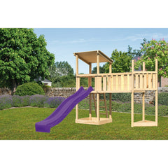 Torre gioco Akubi con tetto a falda, legno naturale, con prolunga a forma di nave in alto, piattaforma aggiuntiva XL, scivolo viola – Vorschau 1