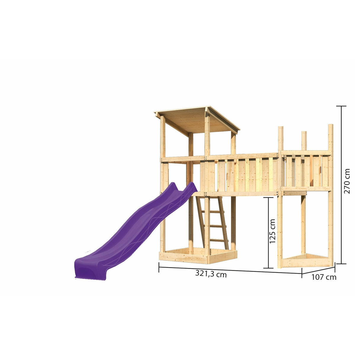 Torre gioco Akubi con tetto a falda, legno naturale, con prolunga a forma di nave in alto, piattaforma aggiuntiva XL, scivolo viola