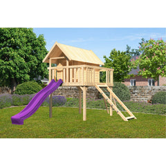 Akubi Casa a palafitta "Fidel" SET naturale con scivolo a onda viola, rampa a rete – Vorschau 1