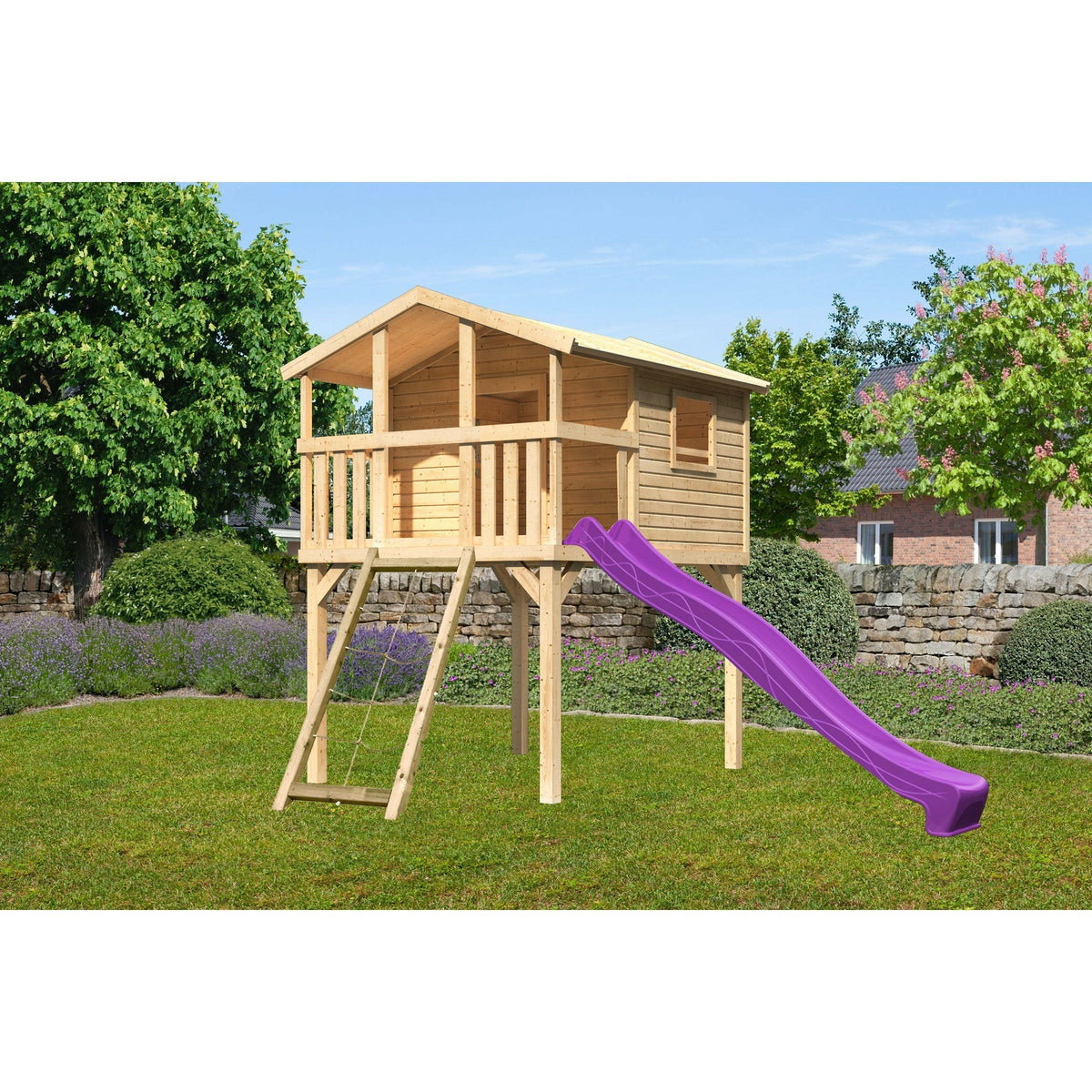 Casetta su palafitte Akubi "Benjamin" SET legno naturale con scivolo viola, rampa a rete