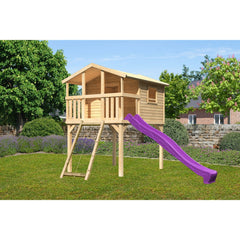 Casetta su palafitte Akubi "Benjamin" SET legno naturale con scivolo viola, rampa a rete – Vorschau 1