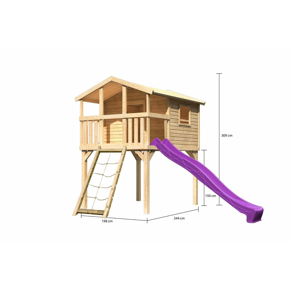 Casetta su palafitte Akubi "Benjamin" SET legno naturale con scivolo viola, rampa a rete