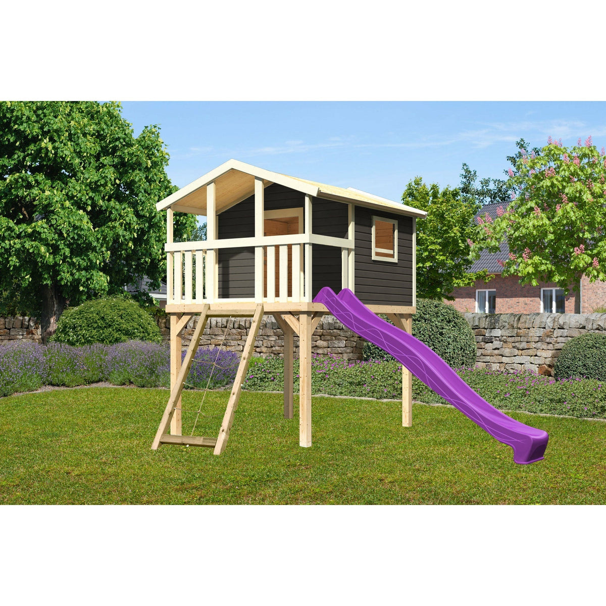 Akubi Casa rialzata "Benjamin" SET grigio terra con scivolo viola, rampa a rete