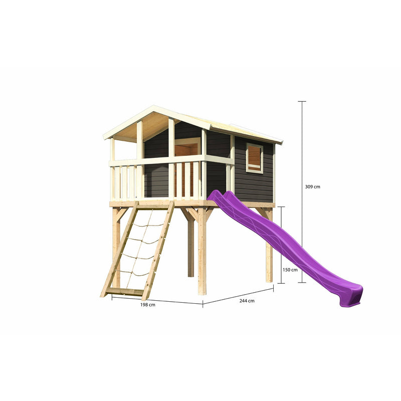 Akubi Stelzenhaus "Benjamin" SET terragrau mit Rutsche violett, Netzrampe
