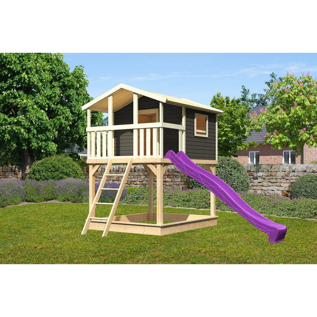 Casetta su palafitte Akubi "Benjamin" SET grigio terra con scivolo viola, sabbiera