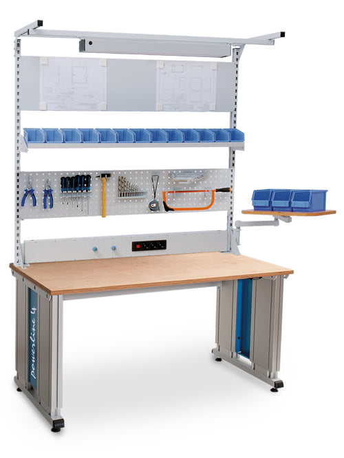 Bedrunka+Hirth Powerline 4 base frame combination, depth 900, electric height adjustment, 1x energy duct, 1x perforated and magnetic wall, 1x shelf, 1x swivel arm