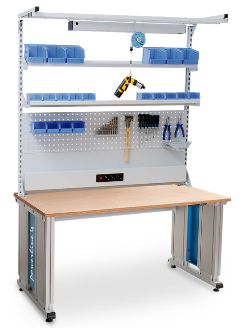 Bedrunka+Hirth Powerline 4 base frame combination, depth 900, electric height adjustment, 1x energy duct, 1x perforated and magnetic wall, 2x shelves