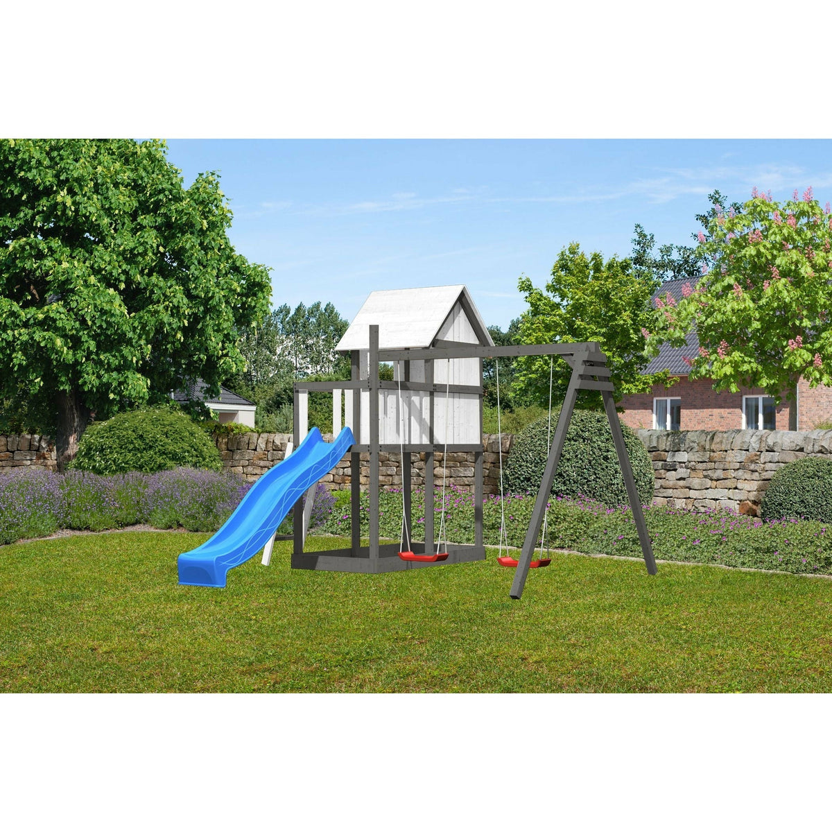 Akubi children's playhouse "Frida" SET natural with extension, paneling, children's paint sets, double swing extension, wave slide blue