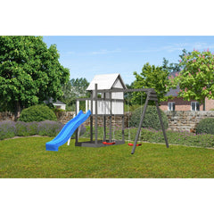 Akubi children's playhouse "Frida" SET natural with extension, paneling, children's paint sets, double swing extension, wave slide blue – Vorschau 1