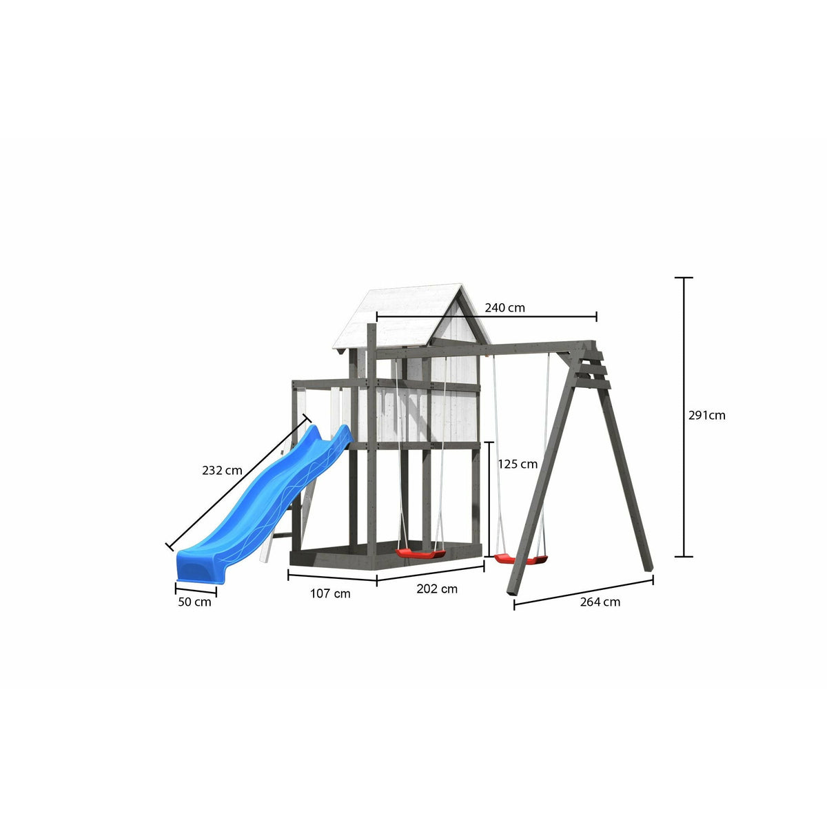 Akubi children's playhouse "Frida" SET natural with extension, paneling, children's paint sets, double swing extension, wave slide blue