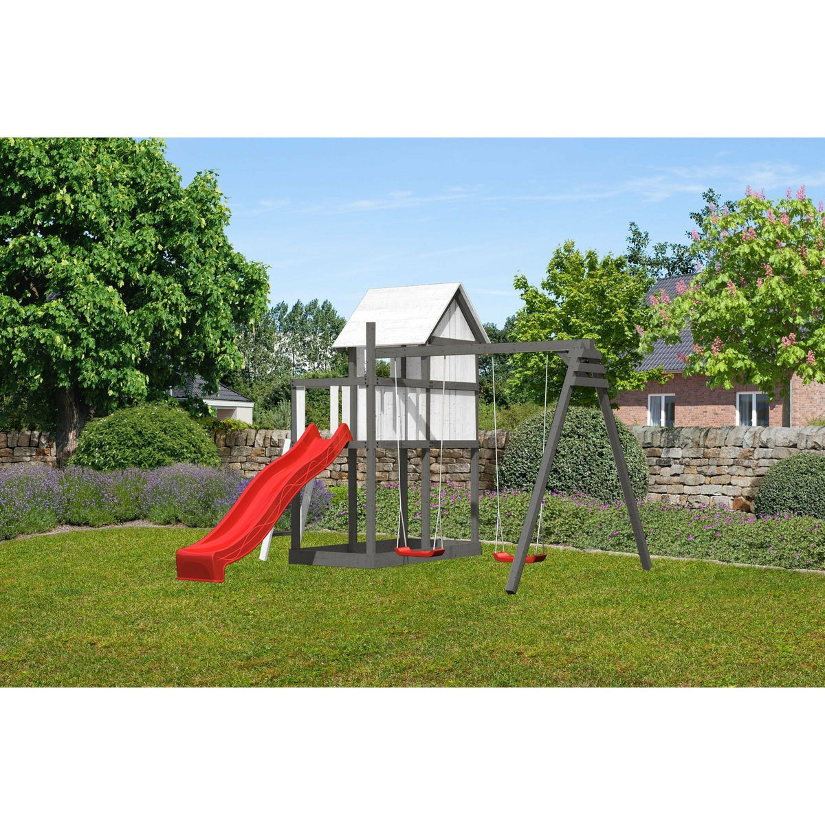 Akubi children's playhouse "Frida" SET natural with extension, paneling, children's coloring sets, double swing extension, wave slide red
