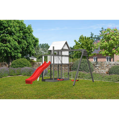 Akubi children's playhouse "Frida" SET natural with extension, paneling, children's coloring sets, double swing extension, wave slide red – Vorschau 1