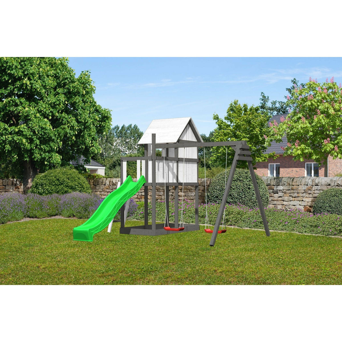 Akubi children's playhouse "Frida" SET natural with extension, paneling, children's paint sets, double swing extension, wave slide green
