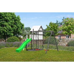 Akubi children's playhouse "Frida" SET natural with extension, paneling, children's paint sets, double swing extension, wave slide green – Vorschau 1