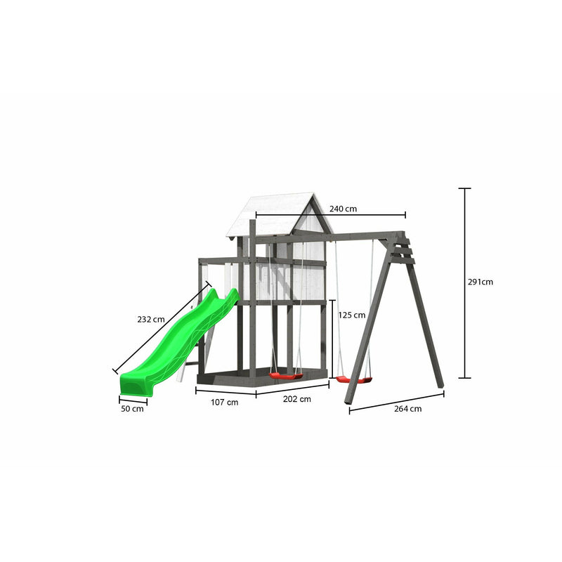 Akubi Kinderspielhaus "Frida" SET naturbelassen mit Anbau, Verkleidung, Kinderfarbmalsets, Doppelschaukelanbau, Wellenrutsche grün