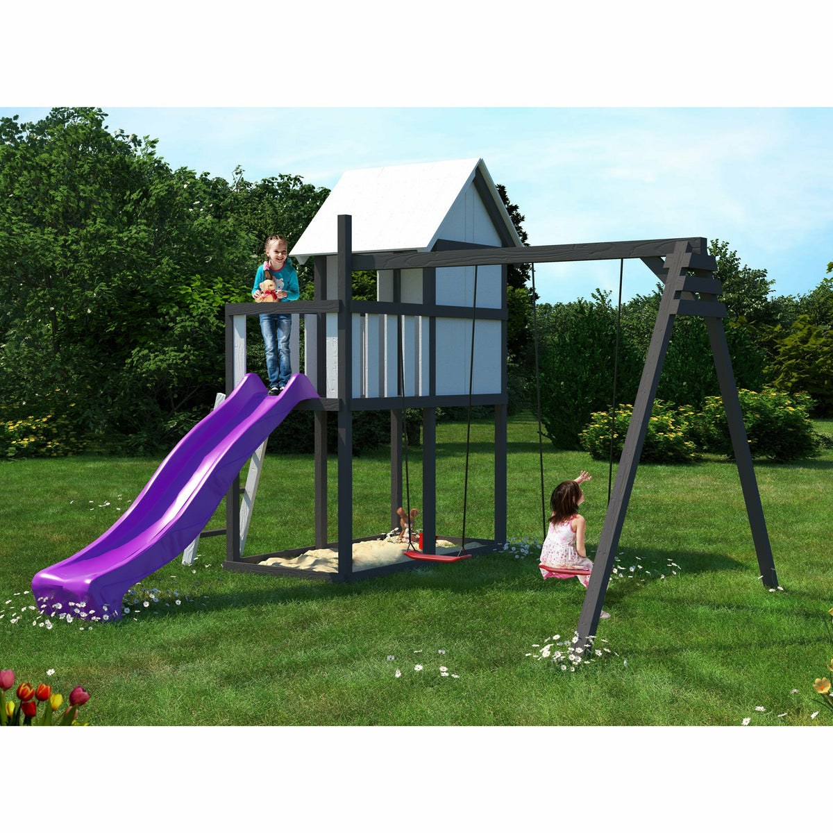 Akubi children's playhouse "Frida" SET natural with extension, paneling, children's coloring sets, double swing extension, wave slide purple